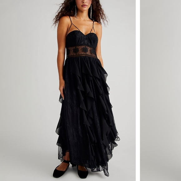 Free People Black Magic Lace Ruffles tiered Strappy Embroidered Maxi Dress